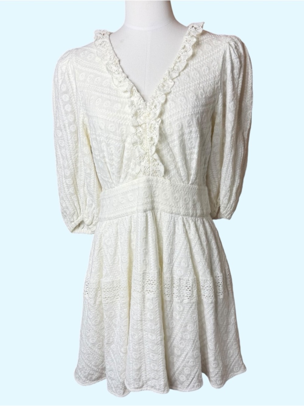 Sandro Gianni Embroidered Lace Ruffle Mini Dress Ecru Off-white Size 10 - Picture 5 of 15